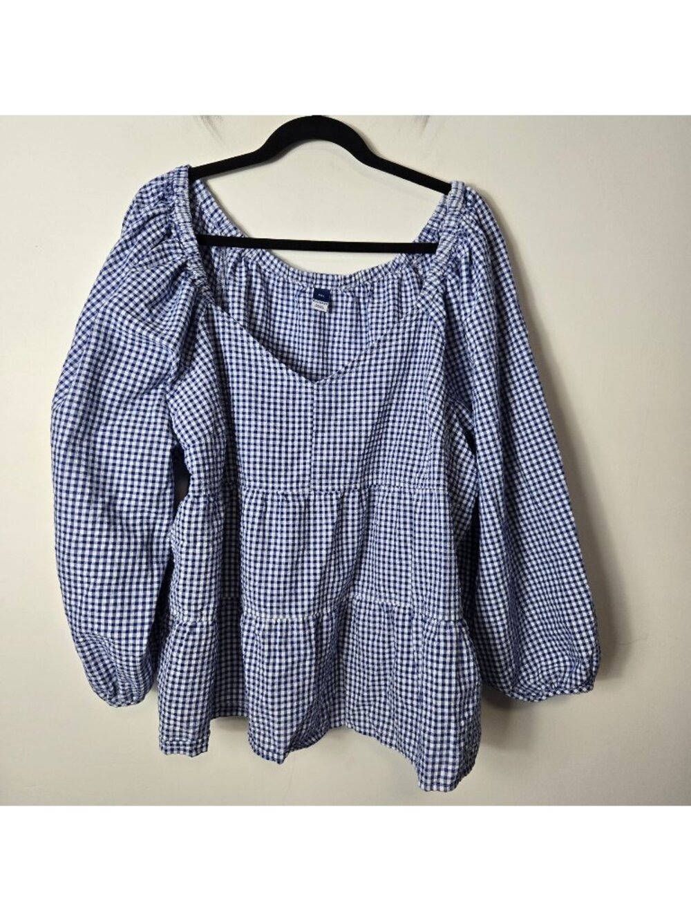 Old Navy Size XXL Tiered Blue Gingham Puff Sleeve Baby Doll Swing Top Empire Wai